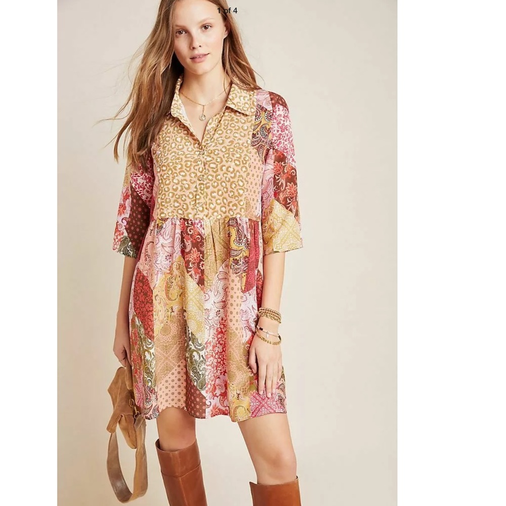 Anthropologie Kachel Silk Patchwork Dress Sz 2 NWT